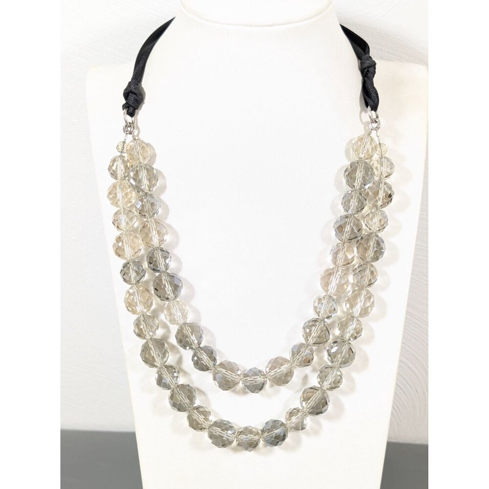 Gray Faceted Glass Bead Two Strand Black Ribbon Tie Statement Necklace‎ 48"